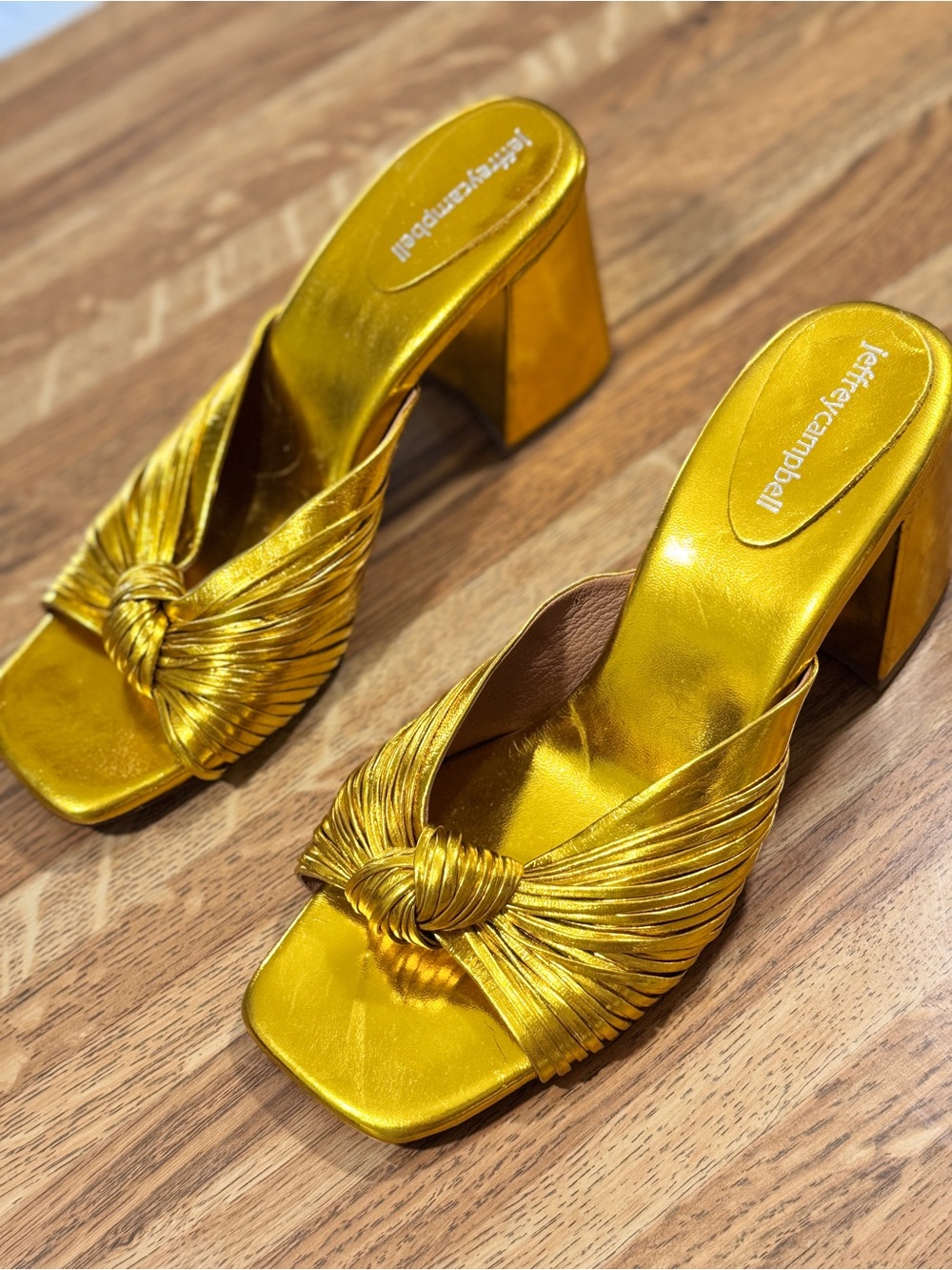 Jeffrey Campbell Metallic Gold Knot Block Heel Mules